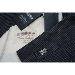 Sartoria Castangia Black Pinstripe 100% Linen 2Pc Suit Jacket Pant 50L BRAND NEW